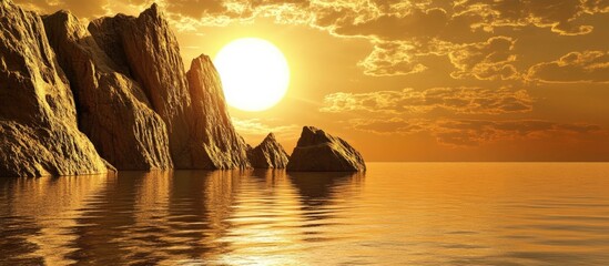 Wall Mural - golden rock formations illuminated by sunrise over ocean creating serene reflection with ample empty