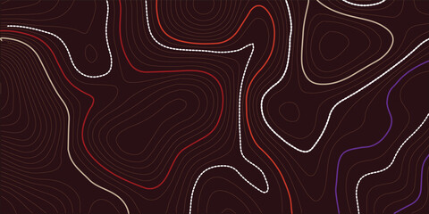 Fototapete - The stylized height of the topographic map contour in lines and contours. The concept of a conditional geography scheme and the terrain path. Orange on black. Ultra wide size. Vector illustration.
