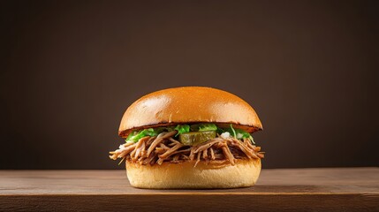 Wall Mural - A juicy pulled pork sandwich with fresh greens and a golden bun, set against a dark background for a striking presentation.