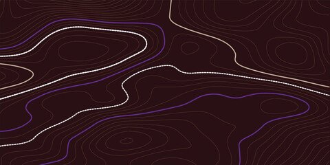 Poster - The stylized height of the topographic map contour in lines and contours. The concept of a conditional geography scheme and the terrain path. Orange on black. Ultra wide size. Vector illustration.
