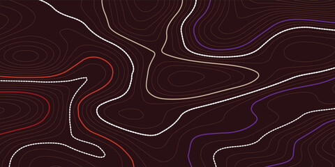 Poster - The stylized height of the topographic map contour in lines and contours. The concept of a conditional geography scheme and the terrain path. Orange on black. Ultra wide size. Vector illustration.
