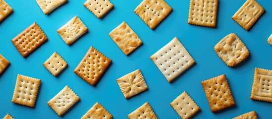 Wall Mural - Food arrangement with various crackers on a vibrant blue background perfect for culinary themes and snack advertising.