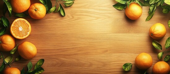 Wall Mural - Fresh tangerines on wooden surface surrounded by green leaves with empty space for text or design elements in a natural setting