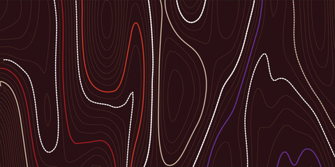 Poster - The stylized height of the topographic map contour in lines and contours. The concept of a conditional geography scheme and the terrain path. Orange on black. Ultra wide size. Vector illustration.
