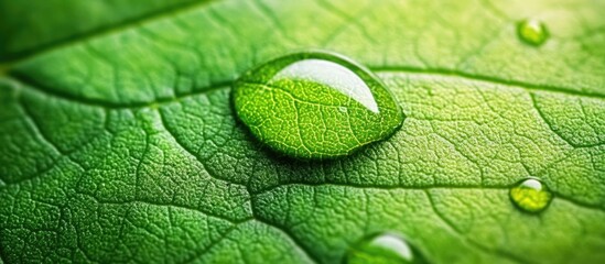 Wall Mural - Macro shot of water droplet resting on a vibrant green leaf highlighting nature's beauty and intricate textures.