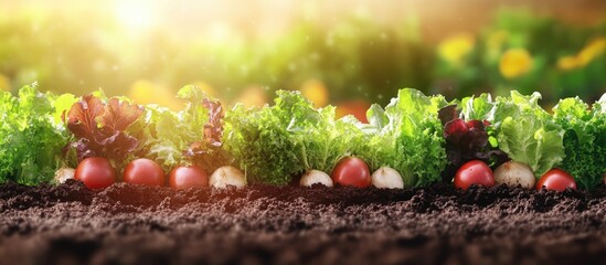 Wall Mural - Growing Fresh Vegetables in Soil Rich Garden Bed with Vibrant Greens and Red Radishes Under Soft Natural Light for Healthy Food Promotion