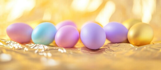 Wall Mural - Colorful Easter eggs arranged on a shimmering gold foil background with festive lighting and textures for seasonal decor and celebrations.