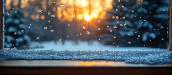 Wall Mural - frosted window view showcasing a winter sunset with snowflakes and a serene natural background.