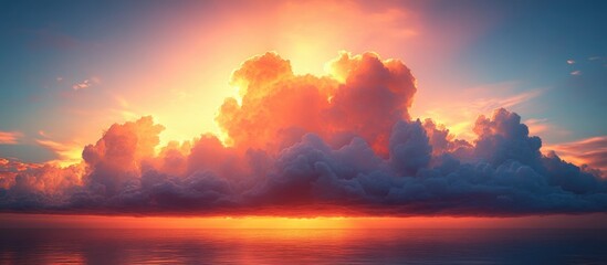 Wall Mural - vibrant sunset with golden sky and dramatic cloudscape reflecting on calm water surface during twili