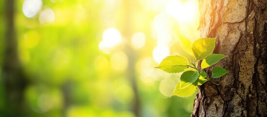 Wall Mural - tree fragment with fresh green leaves in a sunlit forest showcasing the beauty of nature and selecti
