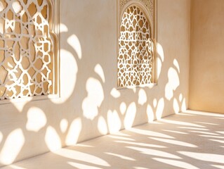 Wall Mural - Sunlight filters through ornate Middle Eastern windows, casting intricate shadows on a beige wall