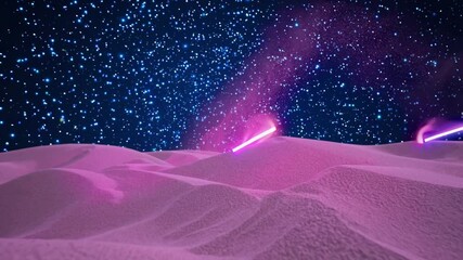Aufkleber - A futuristic desert landscape with glowing neon beams cutting through soft pink dunes under a starry sky.