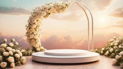 Wall Mural - a circular white platform, surrounded by blooming white roses