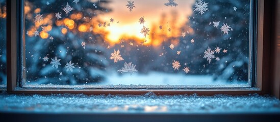 Wall Mural - Winter window with frost patterns showcasing a serene sunset and snowy landscape outside creating a cozy seasonal atmosphere.