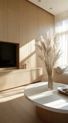 Wall Mural - Bright and airy living room features light wood herringbone flooring, minimalist decor, and a potted plant for a refreshing touch