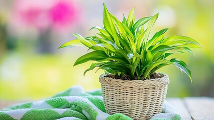 Canvas Print - Lush green plant in wicker pot, on table, blurred garden background; home decor