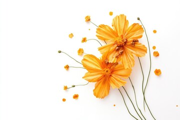 Two Orange Cosmos Flowers with Scattered Petals