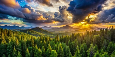 Wall Mural - Oregon Mountain Forest Panorama: Majestic Cloudscape Over Lush Evergreen Trees