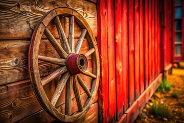 Rustic wooden wheel and red plank backdrop: perfect vintage farmhouse photography setting.