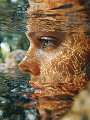 Wall Mural - Womans face reflected in water with digital ripple effects and papaya elements