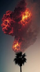 Aufkleber - A lone palm tree silhouetted against an enormous fiery explosion in the sky.