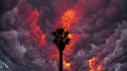Poster - A lone palm tree silhouetted against an enormous fiery explosion in the sky.