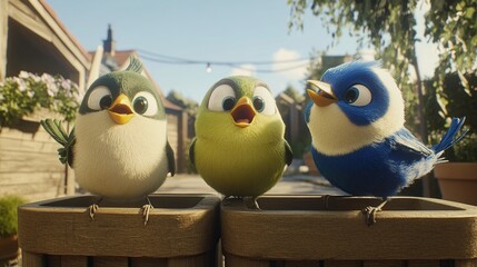 Three cute birds singing in a sunny village street