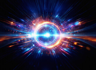 Poster - A vibrant, abstract artwork depicting a glowing ring at the center of a cosmic explosion of light and energy.  The colors are predominantly blue, orange, and purple.