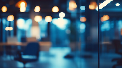 Wall Mural - Abstract blurred office interior room blurry working space with defocused effect  bokeh lights background with soft focus creating a dreamy urban nighttime atmosphere and colorful city ambiance 