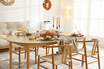 Wall Mural - Stylish table setting with beautiful dishware and autumn decor in dining room