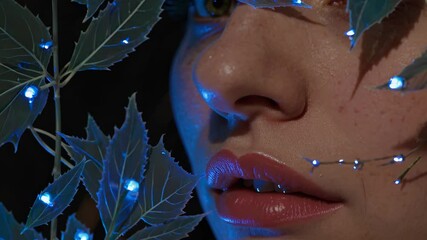 Poster - A close-up of a woman's lips and nose partially hidden by delicate, glowing blue leaves.