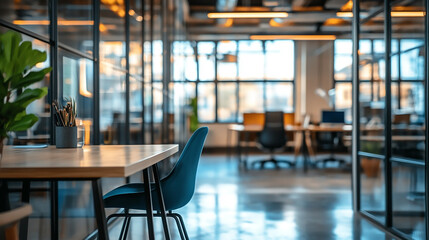 Wall Mural - Blurred image of business people in the lobby of a modern office building office space with multiple workstations and natural light during the day