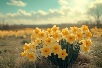 Sticker - A Field of Daffodils Basking in the Spring Sunshine