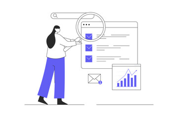 Wall Mural - seo analysis concept. character woman settings site for search engines, analyzes statistics of web p