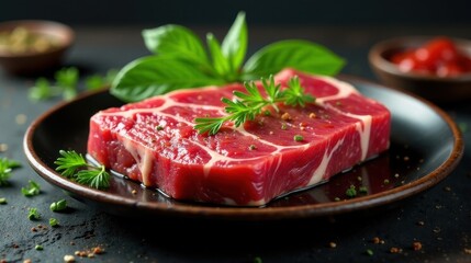 Wall Mural - A succulent cut of raw beef steak seasoned with herbs and spices, ready for grilling or pan-searing, sits elegantly on a dark plate.