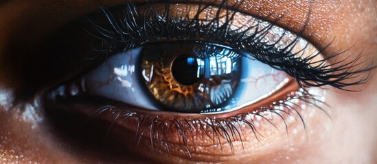 Wall Mural - Close-up view of a captivating brown eye with long lashes reflecting light featuring intricate details and a striking gaze positioned centrally.