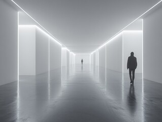young man walking in an empty minimalist art gallery with white walls and soft diffused lighting