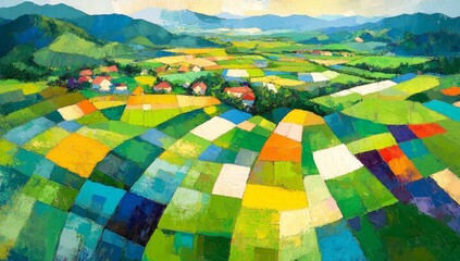 Colorful patchwork farmland aerial view, rolling hills background, idyllic landscape, poster print