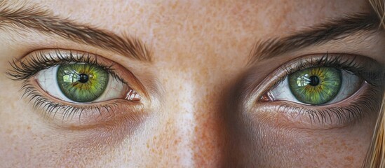 Wall Mural - Close up of striking green eyes with intricate details and reflections centered in the image, surrounded by soft skin tones and natural light.