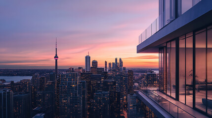 Wall Mural - Modern apartment buildings lit up at night, city Stunning cityscape view at dusk, showcasing modern architecture and vibrant sunset colors