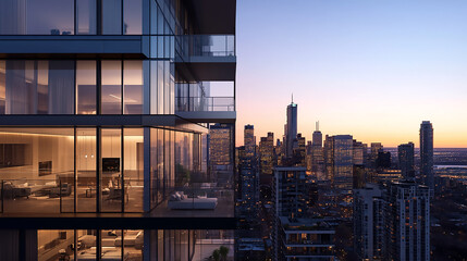 Wall Mural - Modern apartment buildings lit up at night, city Stunning cityscape view at dusk, showcasing modern architecture and vibrant sunset colors