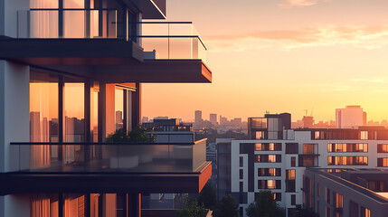 Wall Mural - Modern apartment buildings lit up at night, city Stunning cityscape view at dusk, showcasing modern architecture and vibrant sunset colors