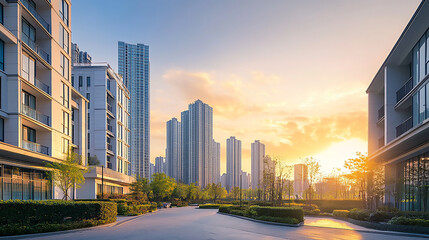 Wall Mural - Abstract business background of a glass skyscraper Breathtaking City Skyline at Sunset with Reflective