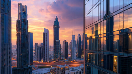 Wall Mural - Abstract business background of a glass skyscraper Breathtaking City Skyline at Sunset with Reflective