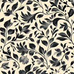 seamless floral pattern with black leaves on beige background