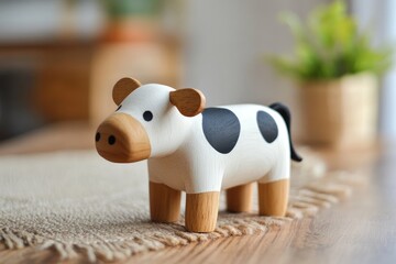 Adorable Wooden Cow Figurine Home Decor