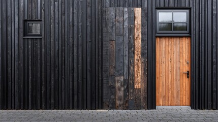 Modern wooden house exterior with dark siding, light wood door, and stone pavement