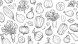 © Supharb - Seamless vegetable pattern with hand-drawn doodle line art, isolated on a white background