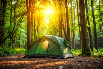 Wall Mural - Serene Forest Camping: A Candid Shot of a Tent nestled among towering trees