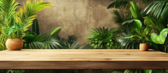 Wall Mural - Wooden table in foreground with tropical plants in pots on a textured warm background. Green foliage dominates the scene creating a serene ambiance.